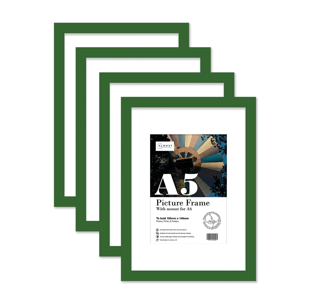 Almost Frameless A5 Green Picture Frame Set of 4, Display A6 Pictures with Mount or A5 Without Mount Gallery Wall, Poster, Photo, Artwork, or Print, Green