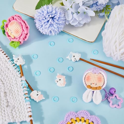 SUNNYCLUE 1 Box 54Pcs Knitting Stoppers Stitch Stopper Cute Blue Pink Unicorn Silicone Needle Point Protectors with Plastic Locking Crocheting Markers Rings for Quilting Knitting Needles End capss - Image 4