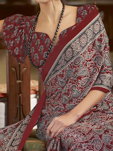 Image of SAREE MALL Women's Ajrkh Print Satin Crepe Polka Dot Printed Saree With Unstitched Blouse Piece