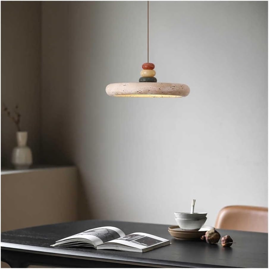 Modern Nordic Travertine Stone Disc Pendant Light, 3-Color Dimming Natural Wood & Colorful Beads Hanging Lamp, Height Adjustable Lighting Fixture, for Dining Room Kitchen Island Bedroom