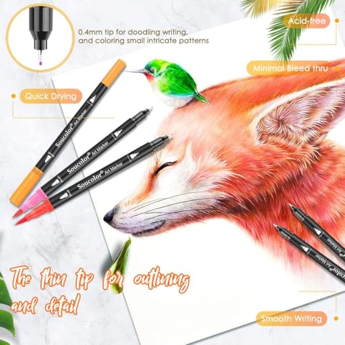 Image of Soucolor 24 Dual Tip Brush Markers,Water-Based Art Pens,for Coloring Books | 24 Vibrant Water-Based Colors,Brush + Fine Tip,Color-Coded,Plastic Case,Lettering,Coloring Books,Kids &Adults.