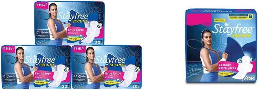 Stayfree Secure XL Cottony Sanitary Napkins with Wings, Extra Large (60 Count) & Secure XL Cottony Sanitary napkins with Wings (40 Count) Combo
