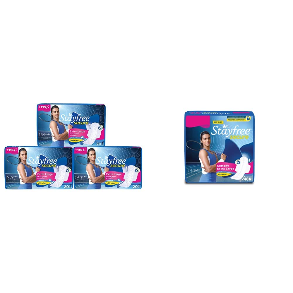 Stayfree Secure XL Cottony Sanitary Napkins with Wings, Extra Large (60 Count) & Secure XL Cottony Sanitary napkins with Wings (40 Count) Combo