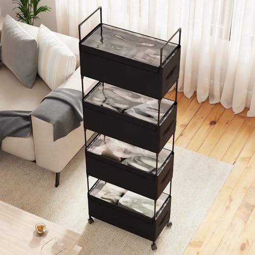 Image of Lukzer 4-Tier Clothes Organizer Basket with Wheels | Fabric Closet Storage Rack for Folded Clothes | Metal Rolling Wardrobe Shelf for Bedroom Closet & Laundry Room (Black /28x57x180 cm)