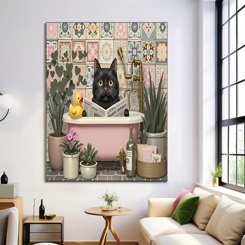 Affiche salle de bain vintage chat noir et baignoire rose déco murale toile 70x100 cm sans cadre