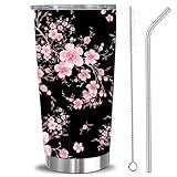 RNFENQS Sakura Travel Tumbler Cup 20 OZ, Stainless Steel Insulated Vacuum Cherry Blossom Coffee Mug With Lid and Straw for Men Women