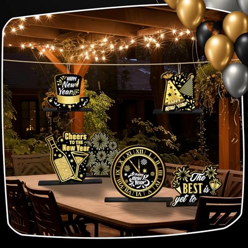 Image of Suzile 6 Pieces New Years Wooden Centerpieces Happy New Year Eve Table Decorations 2026 Black Gold Glitter Indoor Decor Eve Party Holiday Supplies for House Celebrations