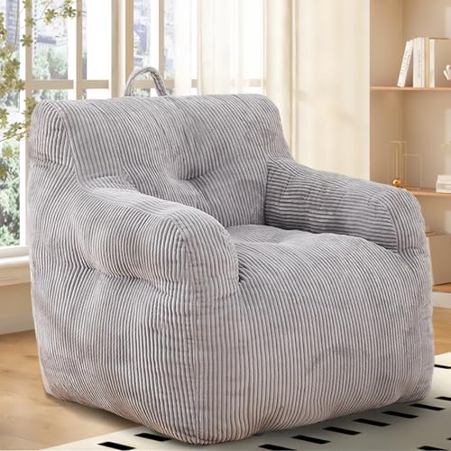 Sudwesto Oversized Bean Bag Chair, Corduroy Upholstered Beanbag Sofa with Filler, Stuffed Bean Bag Couch for Adult, Comfy Beanbag Chair with Pull-Ring, Lazy Floor Sofa for Living Room, Office (Grey)