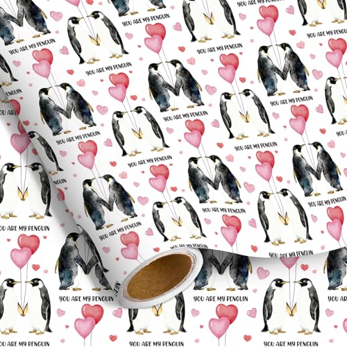 Pineraap Funny Penguin Birthday Wrapping Paper Penguin Wedding Gift Wrapping Paper with Love Heart Pattern for Anniversary Baby Shower Mothers Day 17 Inch x 16.4 Feet