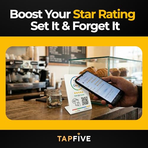 Image of Google Review Stand by TapFive - Tap to Review NFC Tap & QR Code Sign for Restaurants, Salons, Retail & Front Desks | QR Code Stand | No Monthly Fees (White, 1 Stand)