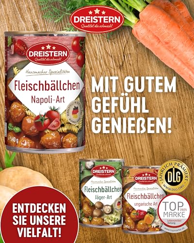 DREISTERN Fleischbällchen 540g I Mit Schweinefleisch in Tomatensauce I Herzhafte Spezialität in recyclebarer Konservendose I Lange Haltbarkeit dank natürlicher Konservierung I Hausmacher Qualität