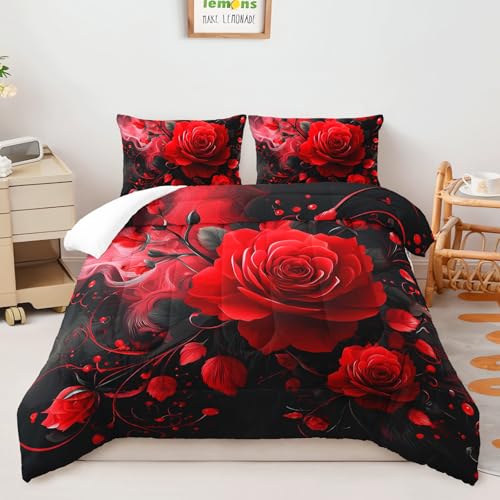 Image of AILONEN Red Rose Comforter Set Twin Size,Red & Black Bedding Set 3Pcs,Luxury Flower Bedroom Decor for Couples Women,Romantic Floral Quilt with 2 Pillowcases