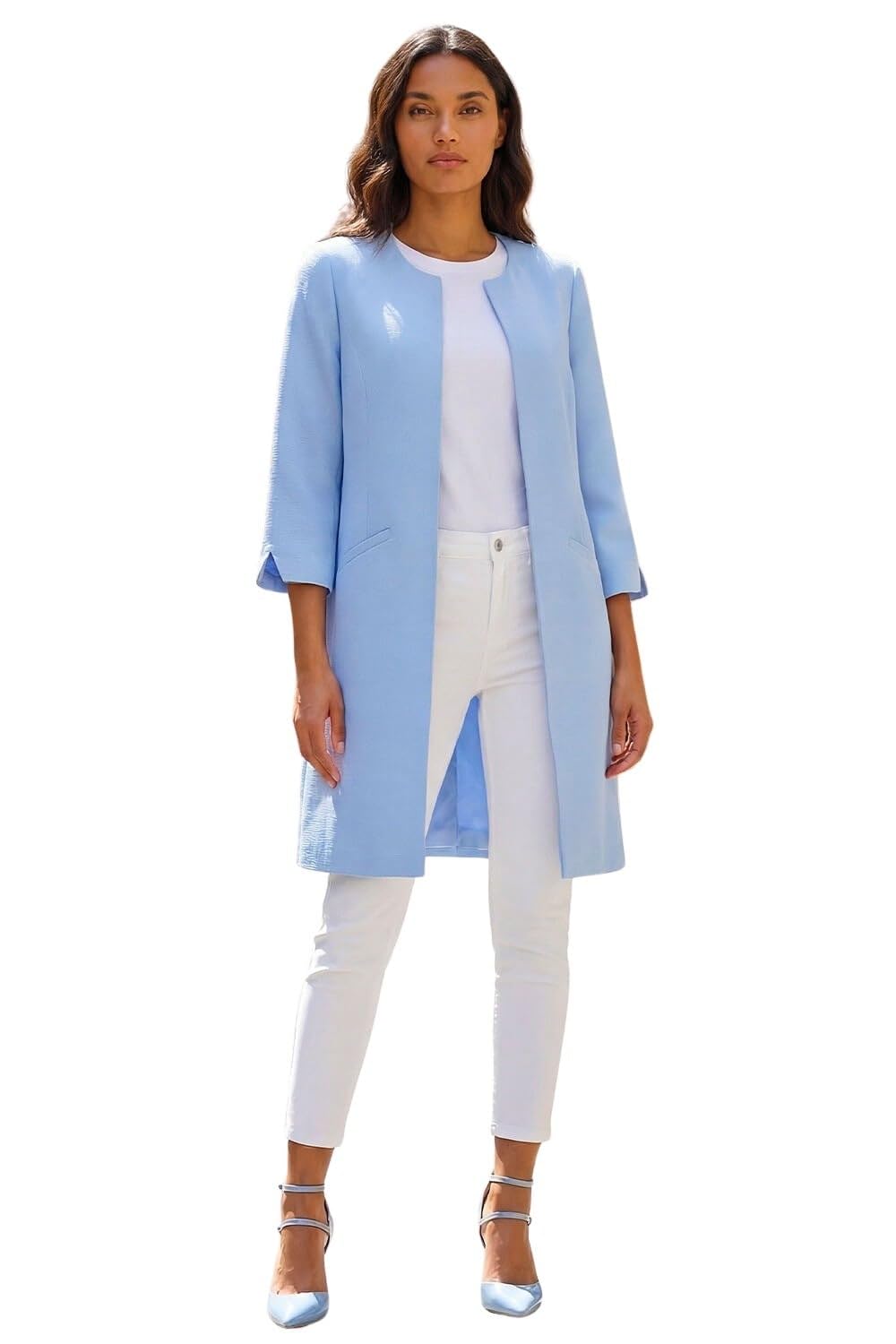 Roman Textured Longline Jacket for Women UK Ladies Reefer Coat Lined Tailored Lightweight Long Autumn Winter Smart Casual Office Work Business Evening Going Out - Light Blue - Size 10