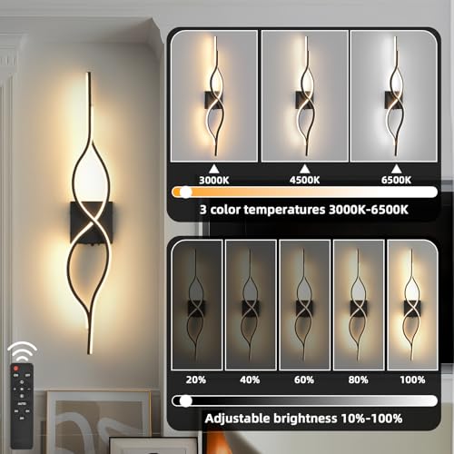 Image of Battery Operated Wall Sconces Set of 2, Black 31.4'' LED Dimmable Wall Sconce with Remote Control, Adjustable Color Temperature Brightness for Living Room Bedroom and Hallway USB Rechargeable Lighting