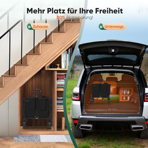Sekey Bollerwagen Faltbar Klein 70L 80KG, Handwagen Klappbar, Faltbarer Einkaufswagen Campingwagen mit Höhenverstellbarem Griff, Leicht & Platzsparend & Stabil, Mini 4029, Schwarz – Bild 6