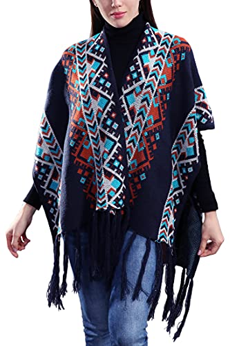 Bonnorth Women's Shawl Vintage Knit Poncho Capes With Tassel Blanket Wrap Ruana for Fall Winter