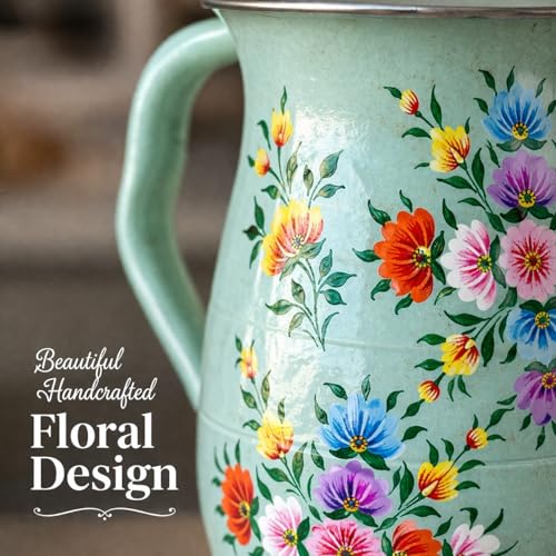 Image of iHandikart Handpainted Stainless Steel Water Jug | Mint Green Floral Steel Pitcher for Water, Juice & Milk | Decorative Serving Jug for Kitchen, Dining & Home Decor | 8 x 6 Inch