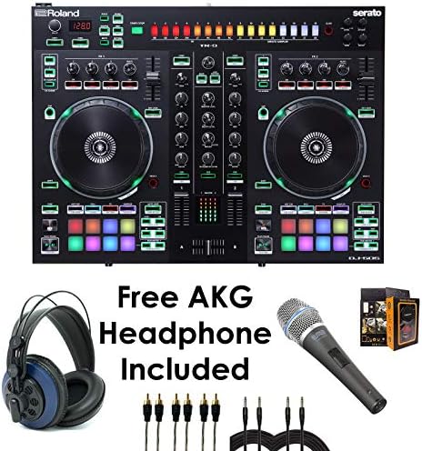 Roland PKG DJ-505 Two Channel, Four-Deck Serato DJ Controller – Package Bundle with EMIC800 Microphone, 3x RCA Cable, 2x QTQ Cable, and Free Blue Headphone & Mobile Bracket