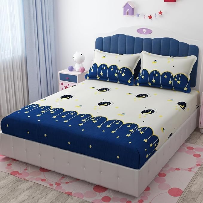 Image of Blue Strip 300 TC Cotton Feel Glace Cotton Elastic Fitted Printed King Size Double Bed Bedsheet with 2 Pillow Covers Fits Upto 9 Inches, Size- 72x78x10 Inches