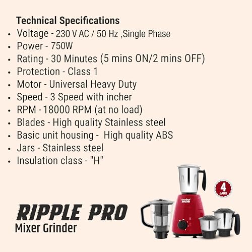 Image of Greenchef Ripple Pro Mixer Grinder - 3 SS Jars with SS Blades,Juicer Mixer Jar,1HP power, 230-240v,18000 RPM,Red Color,ISI Certified,Heavy Duty Motor,5 Year Warranty on Motor