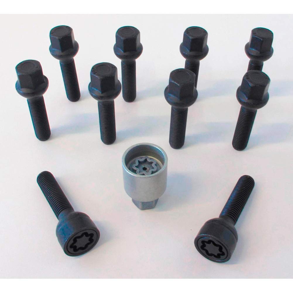 H&R Set Bulloni Ruota sferici R13 M14x1.50 - Lunghezza 33mm - Nero - 10 Pezzi (pe. per VAG) - incl. Bulloni Antifurto