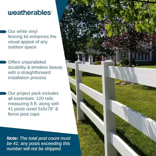 Weatherables 3-Rail 4’ H x 320’ W Vinyl Fence Project Pack– White Vinyl Fencing Kit, Includes 120-8 ft Rails, 41-5’x5’x78” Vinyl Posts with External Vinyl Post Caps - Thumbnail 2