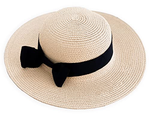 ModParty Girls Beach Hat | Straw Sun Hat with Black Ribbon Bow | Little Girls Summer Hat | Flower Girl Gift Idea | Birthday & Holiday Present | Tropical Beach & Pool Accessory for Kids