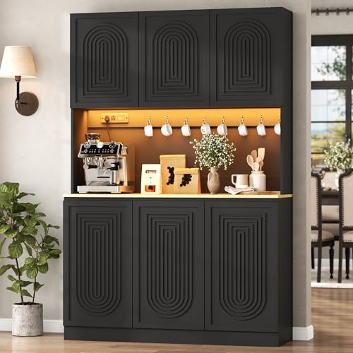 Image of 71 inch Black Kitchen Pantry with Power Outlet & LED Light, Large Kitchen Hutch Cabinet with Adjustable Shelf, Modern Buffet Cabinet with 6 Doors, Food Pantry Storage for Dining Room (Black 6 Doors)