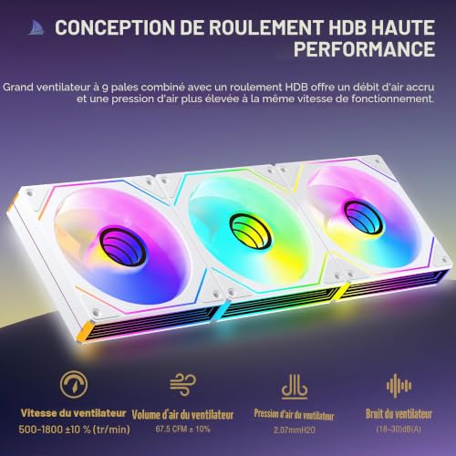 ANSAITE ventilateur PC, 3 ventilateurs d'air CPU,Reverse Ventilateur de boîtier 120 mm optimisé pour la pression statique, PWM ARGB, Synchronisation à 3 broches 5V, particulièrement silencieux -blanc – vue 4