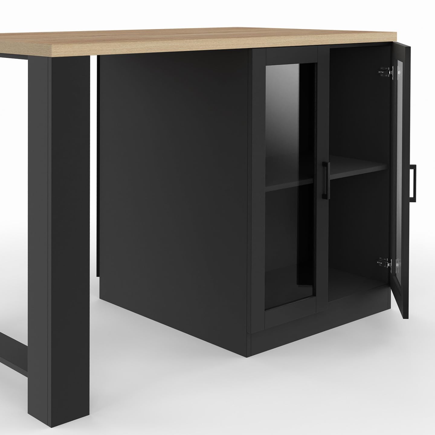 IDMarket - Ilot central LINO 120 cm 2 personnes bois noir avec plan de travail façon hêtre et portes vitrées
