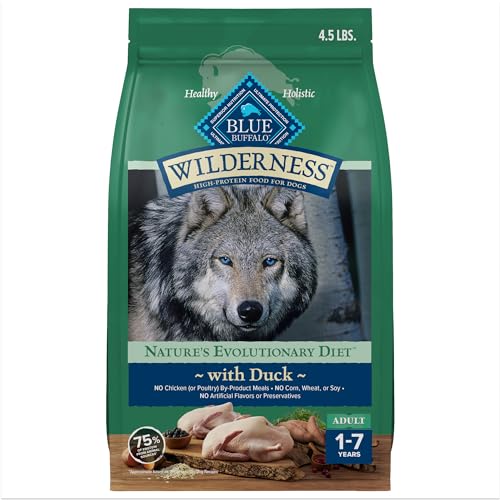 Blue Buffalo Wilderness with Duck High Protein & Wholesome Grains Dry Dog Food for Adult Dogs 34% Protein Supports Immunity with Antioxidant-Rich LifeSource Bits 4.5 lbs.