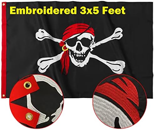 TOPFLAGS Pirate Flag Jolly Roger Red Scarf Pirate Flags 3x5 Feet Made in USA with Embroider Nylon and 2 Brass Grommets Fade Proof for Outdoor