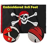 TOPFLAGS Pirate Flag Jolly Roger Red Scarf Pirate Flags 3x5 Feet Made in USA with Embroider Nylon an