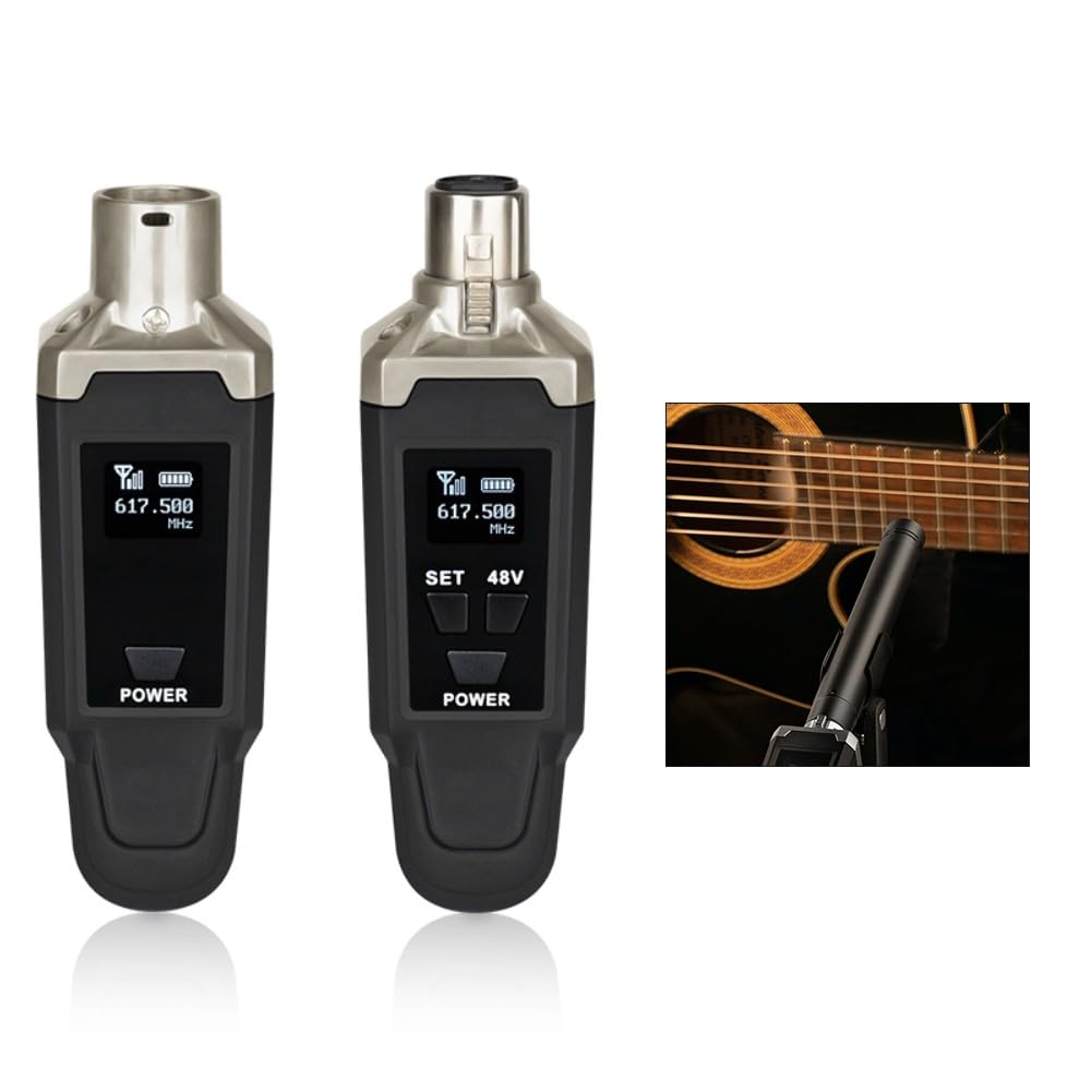 UHF Sistema Microfoni Wireless con Trasmettitore XLR Plug-On, Alimentazione 48V, Ricarica Tipo-C, Bassa Latenza per Microfoni Dinamici e a Condensatore, Nero