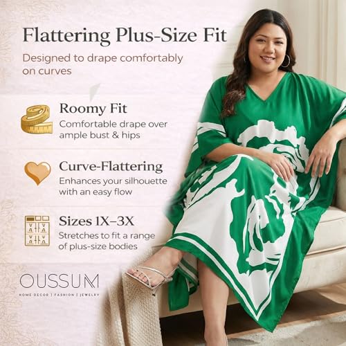 Image of Oussum Women Plus Size Dresses Kimono Caftan Maxi Dress Floral Polyester Long Mumu House Beach Cover Up 1X-3X Summer Wear
