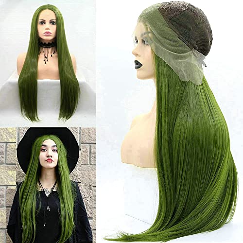 SereneWig 66 cm lange gerade olivgrüne Perücken synthetische Lace Front Perücken für Frauen pastellgrüne Drag Queen Perücke Halloween Kostüm Perücke für Erwachsene hitzebeständig Cover