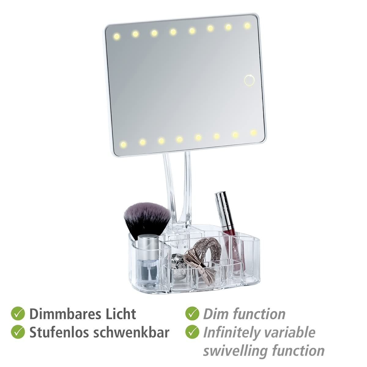 WENKO Trenno lustro stojące z organizerem LED, lusterko kosmetyczne z oświetleniem LED, obrotowe, funkcja dotykowa, funkcja ściemniania jasności, zasilanie bateryjne, 17 x 36 x 12,5 cm