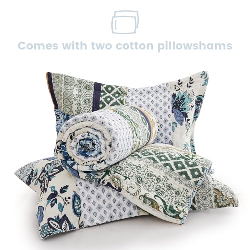 Secgo Queen Comforter Set for Bed - 100% Cotton Quilts Queen Size, Green, Sage Bedspreads (90 * 98 Inch) with 2 Pillow Shams, Patchwork Reversible Lightweight Bedding