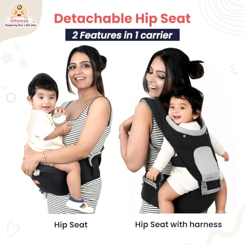 Image of Infantso Premium Hip Seat Baby Carrier with 6 Adjustable Carry Positions, Carrier for 0 to 3 years Baby with Hip Seat, Kangaroo Style Bag, Baby carrying Bag for Newborn to Toddler, Weight upto 15kgs (Black Grey)