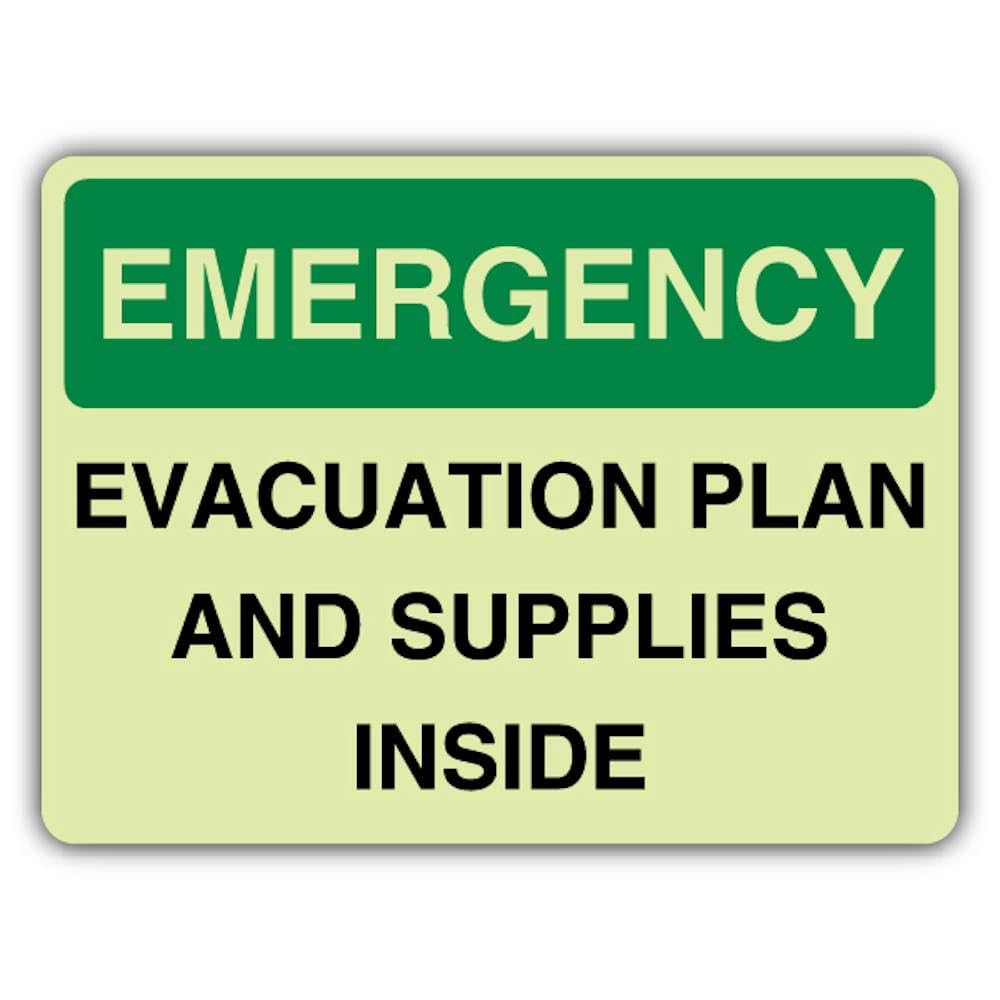 V Safety Photoluminescent Emergency - Evacuation Plan And Supplies Inside Safety Sign - 300 x 225 mm - 1.2mm Rigid Plastic - Double Glow