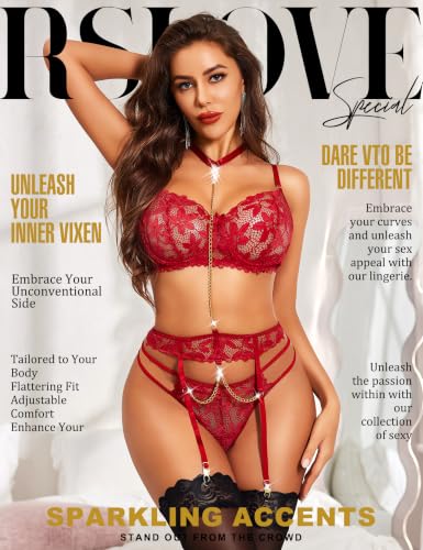 Image of RSLOVE Women's Lingerie Sets with Garter Belt 3 Piece Sexy Lace High Waist Bra and Panty Set Push Up Exotic Sleepwear