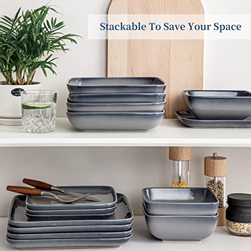 Lovecasa Square Pasta Bowls Set Of 4, Ceramic 8.25" Square Serving Bowls Dinner Plates, 32 Oz Large Pasta Bowls Salad Bowls, Cereal Dessert Plates, Gray #TOP5