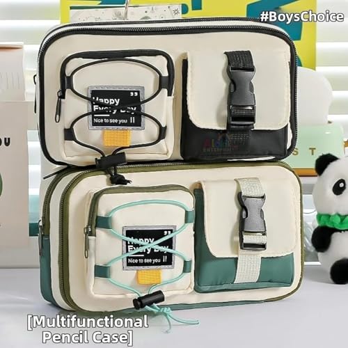 Image of Multi-Compartment Pencil Pouch Large Capacity Pen Case with Zipper & Buckle Pocket, Durable Canvas Stationery Organizer for School Office Travel, Stylish Storage Case (Green Happy Every Day)