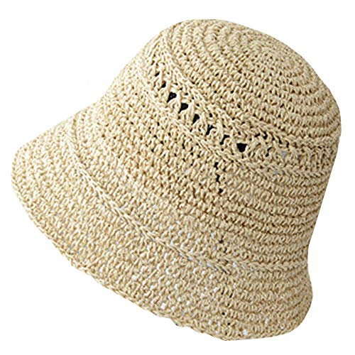 Sun Kea Floppy Straw Sun Hat UV Protection Fisherman Bucket Hat Summer Beach Travel Hand-Woven Crochet Hat Beige