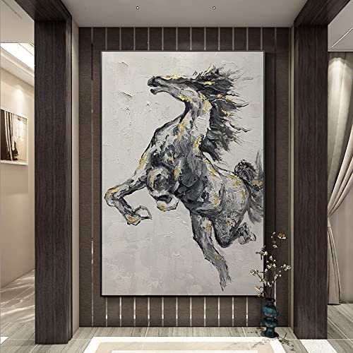 Peinture à l'huile style chinois tableau cheval de guerre noir blanc gris or 32x48