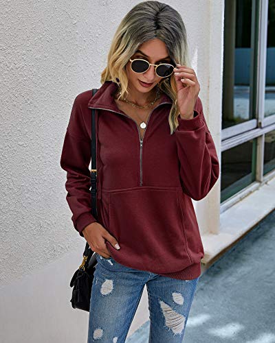 Prettygarden Women’s Casual Long Sleeve Lapel Zipper Sweatshirt Drawstring Loose Pullover Tops Wine Red #TOP3