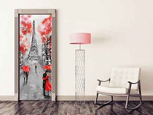 Vinilo Decorativo Puerta Paris Torre Eiffel | Varias Medidas 72,5x210cm | Adhesivo Resistente y de Facil Aplicación | Multicolor | Pegatina Adhesiva Decorativa de Diseño Elegante