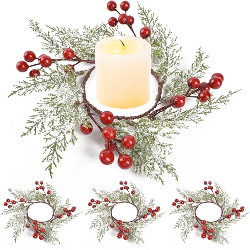 Redvigh 4PCS Christmas Candle Rings Wreaths Christmas Candle Holder Pillar Candle Ring Artificial Berry Pine Branch Candlestick Garland for Table Decoration