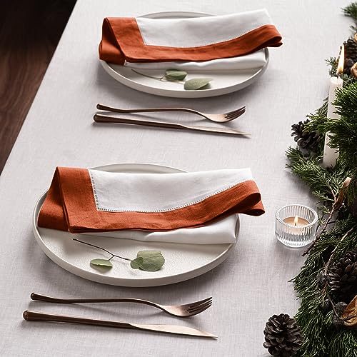 O'lucio Linen Napkins Cloth - White And Orange Set Of 4, 20 X 20 Inch - Luxe Hemstitch Dinner Napkins Cloth Washable Handmade From 100% French Flax #TOP4