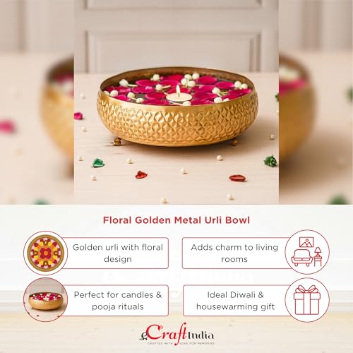 Image of eCraftIndia Floral Designer Golden Brass Urli Bowl for Home Decoration Office Tv Unit Kitchen Showpiece for Good Luck | Urli for Living Room Diwali Gift